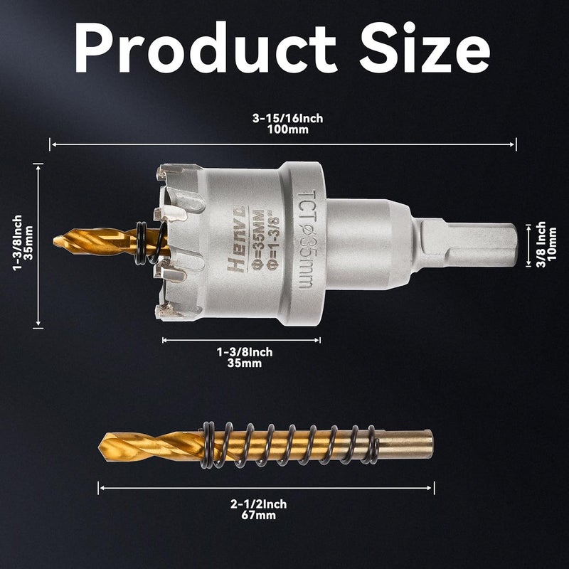 Henvo Hole Saw 1-3/8" (35mm) Heavy Duty Carbide with 2 Pilot Drill Bits - Metal Hole Cutter Cuts Stainless Steel, Iron, Copper, Brass, Plastic - Image 2